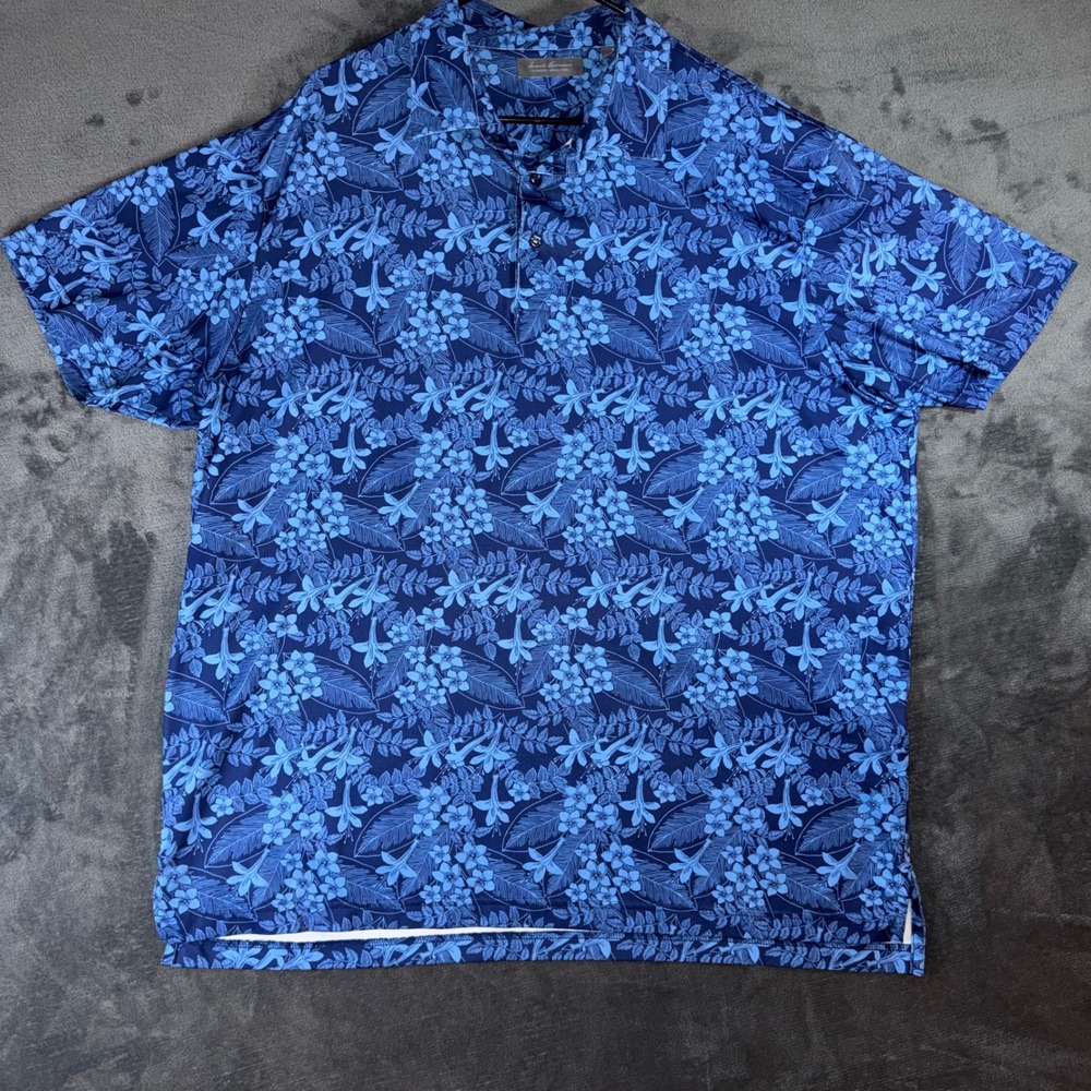 Mens XL Daniel Cremieux Polo Shirt Blue Excellent Tropical Floral Short Sleeve